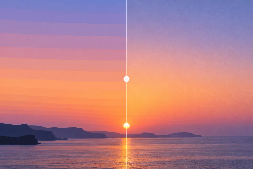 Coastal sunset illustration comparing visible color bands with a textured gradient