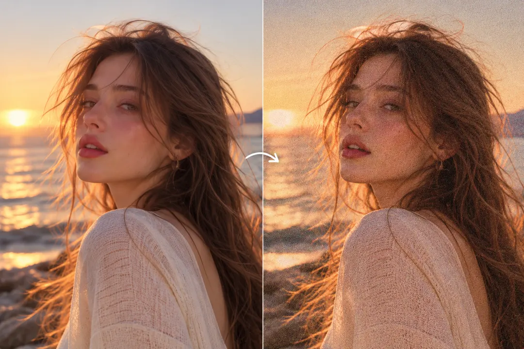 Golden-hour beach portrait before and after an illustrative film-grain effect