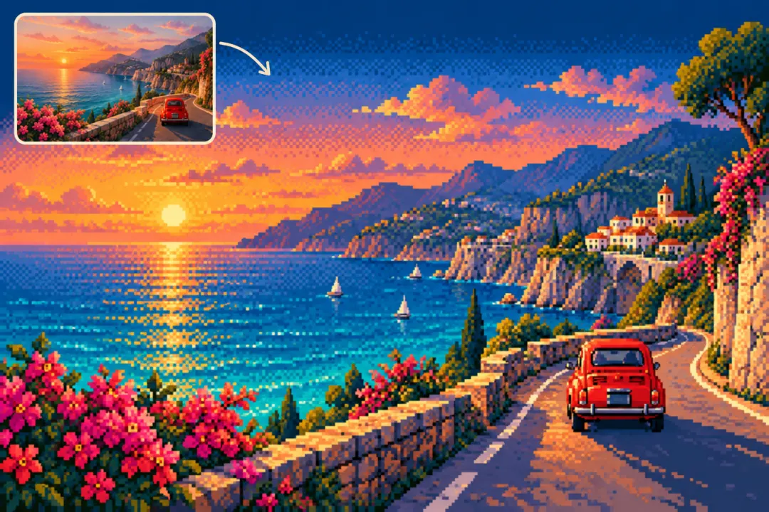 Sunset coast and red car in a pixel-style landscape illustration, with a comparison inset.