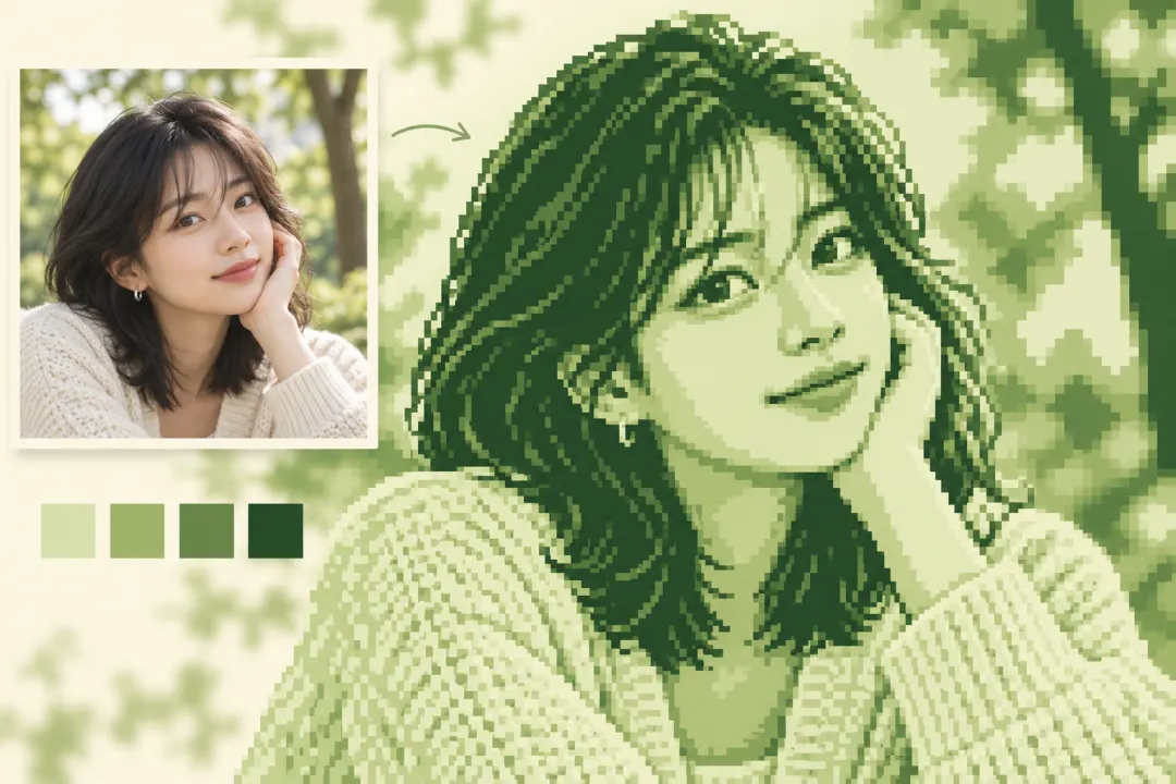 Portrait beside a green retro pixel-style illustration and four green swatches.