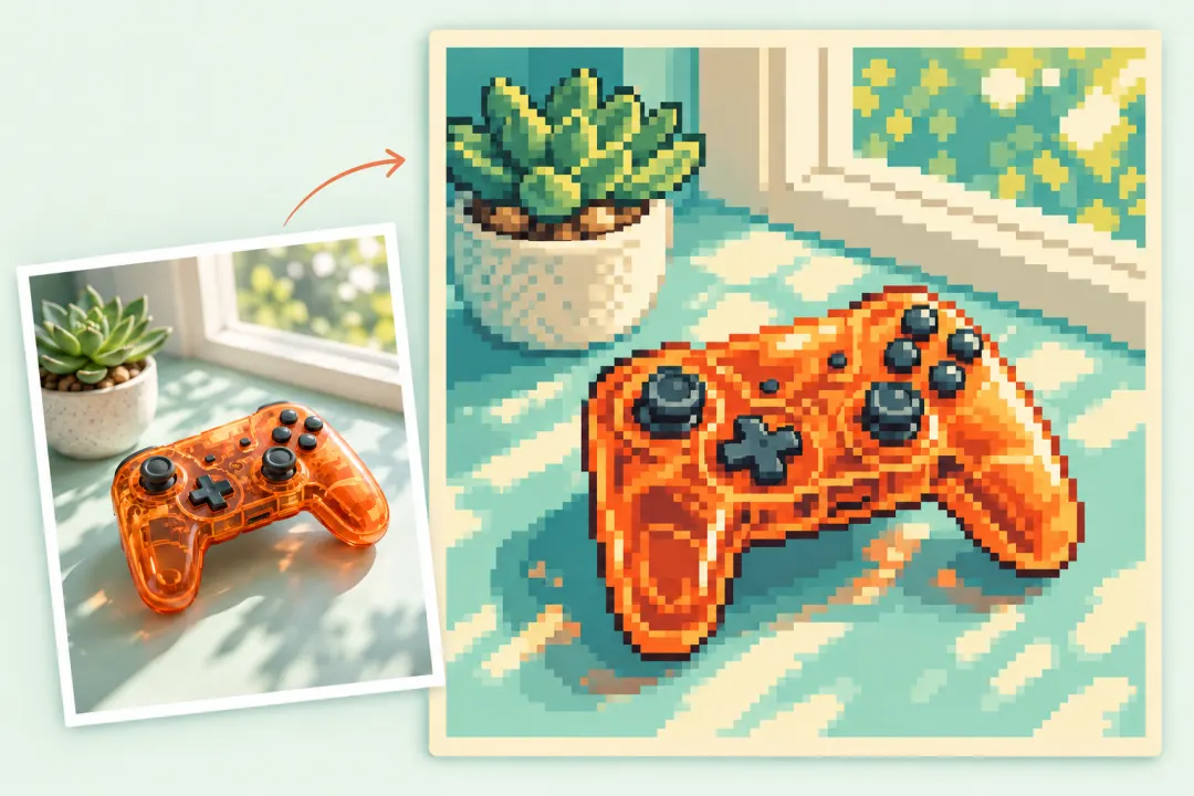 Orange game controller photo beside an illustrated pixel-style version.