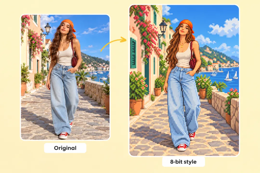 Travel portrait beside an illustrated retro pixel-art version.