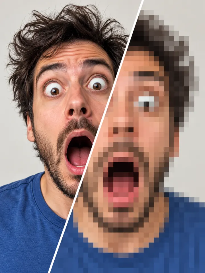 A shocked face turned into big blocks, still unmistakably shocked.
