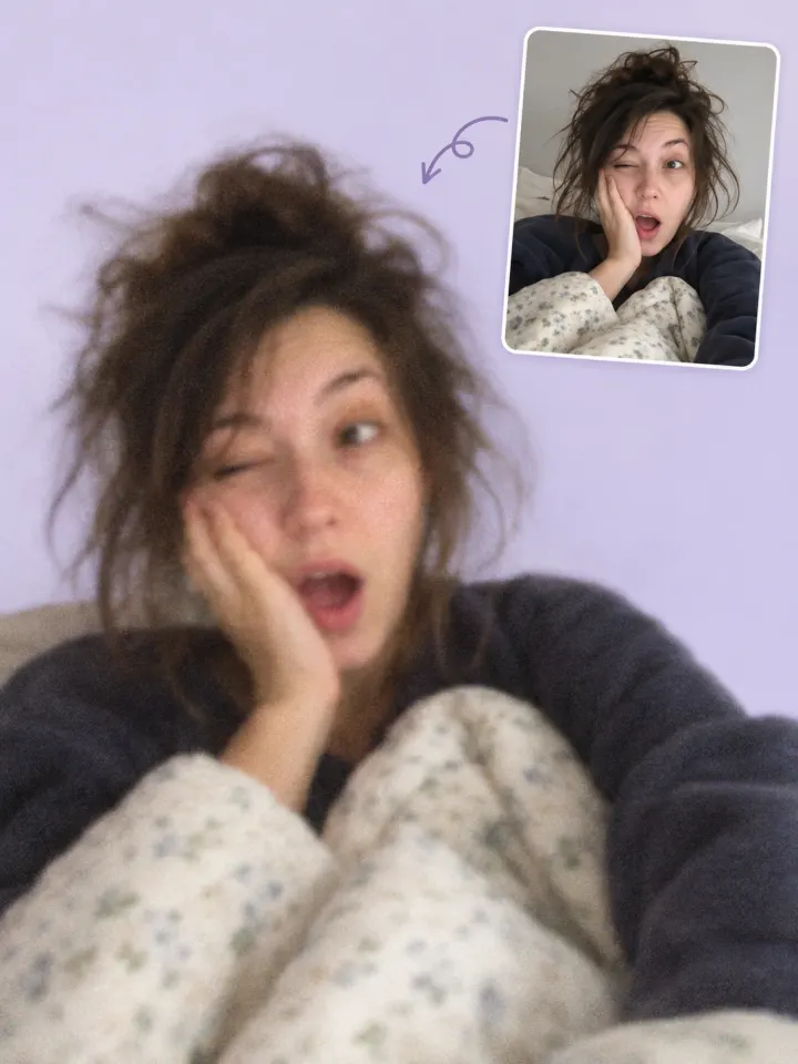 Selfie comparison illustrating a soft, grainy potato camera look.