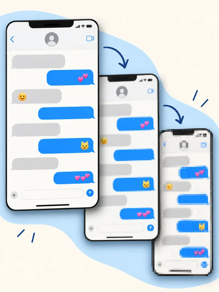 Illustrated chat screens becoming progressively blurrier and more pixelated.