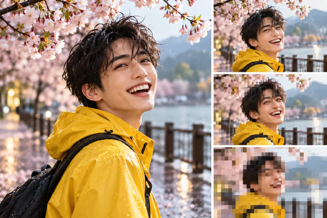 Cherry-blossom portrait beside three increasingly blocky comparison images.