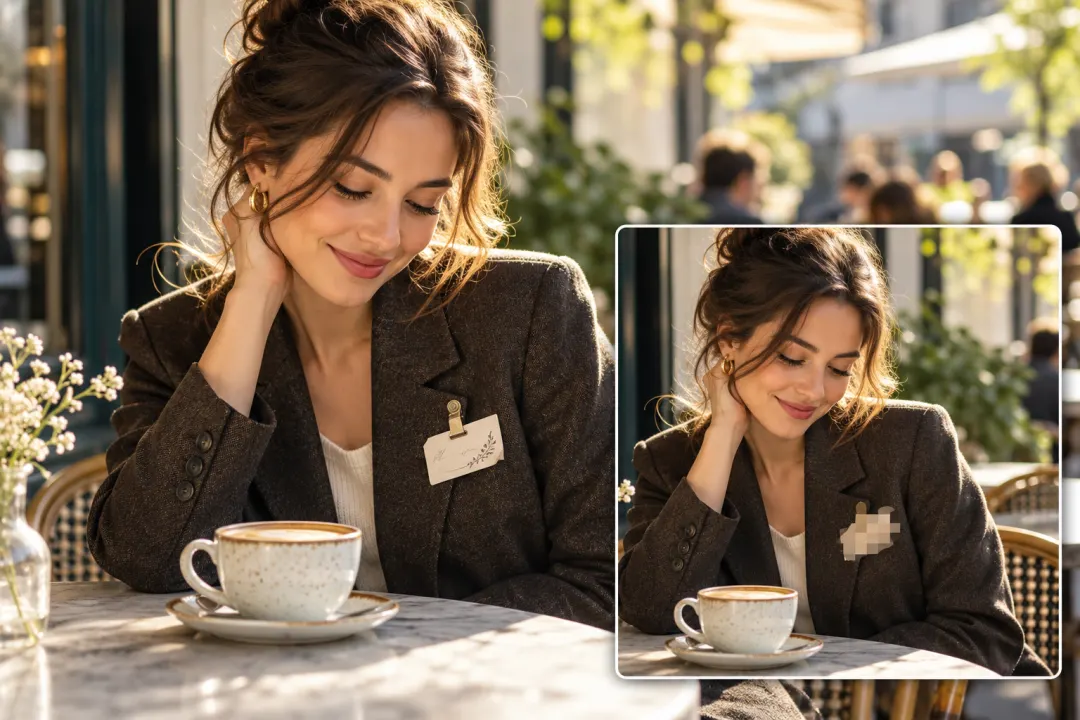 Cafe portrait with only an irregular name-tag area pixelated in the comparison inset.