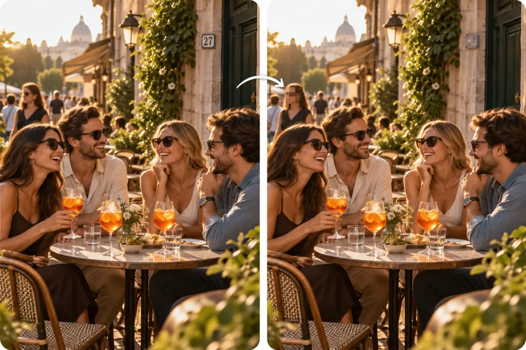 Outdoor cafe comparison illustrating selected face and house-number pixelation.