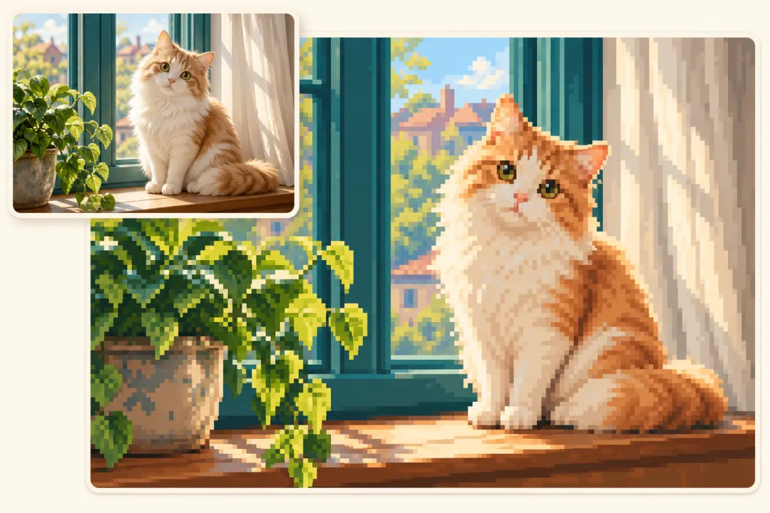 Cat on a windowsill beside a retro pixel-style illustration.